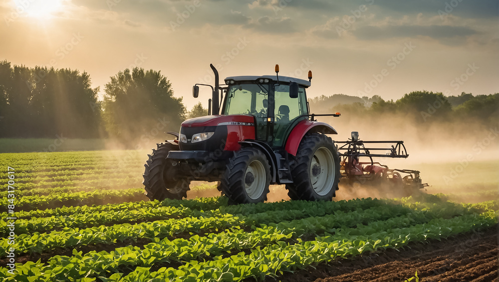 Fototapeta premium Tractor in the field, pesticides