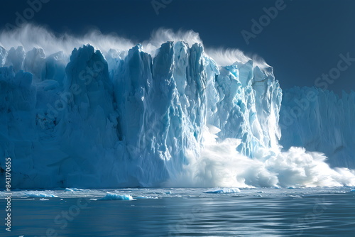 Wallpaper Mural Glacier is melting and calving into sea. Massive glacier calving into blue ocean creating waves and mist. Global warming and climate change have caused glacier to melt Torontodigital.ca