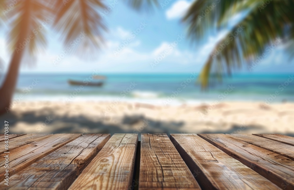 Fototapeta premium A wooden deck overlooks a tropical beach with palm trees and turquoise waters. The blurred background creates a sense of distance, emphasizing the peaceful summer setting.
