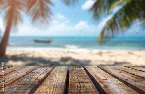 A wooden deck overlooks a tropical beach with palm trees and turquoise waters. The blurred background creates a sense of distance  emphasizing the peaceful summer setting.