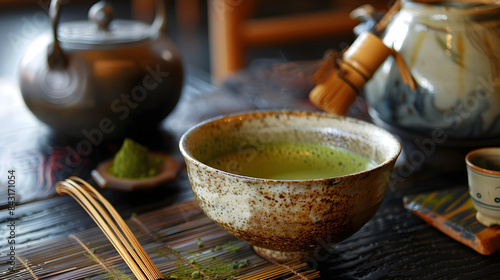 伝統的な日本茶道：抹茶茶碗と竹製の茶筅 photo