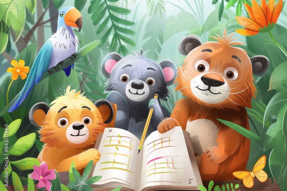 Naklejka premium Cartoon characters including a lion, a koala, and other jungle animals look at a map, surrounded by a lush green environment