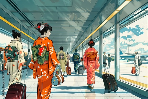 Illustration of women in colorful traditional kimonos amidst a contemporary airport with travelers and airplanes in background
