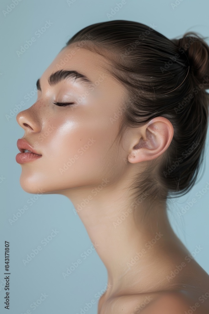 Natural beauty woman with eyes closed in studio, blue background or face wellbeing. Face, peaceful, and young female model for skincare glow, aesthetic dermatology, self-love, spa, or shine. Natural beauty woman with eyes closed in studio, blue background or face wellbeing. Face, peaceful, and young female model for skincare glow, aesthetic dermatology, self-love, spa, or shine.