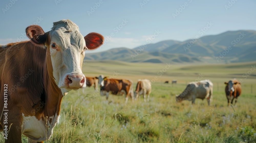 Rural farm with cows and sustainable livestock for the environment. Agriculture, animals, and cattle for meat, dairy, and beef production in grass fields. Rural farm with cows and sustainable livestock for the environment. Agriculture, animals, and cattle for meat, dairy, and beef production in grass fields.