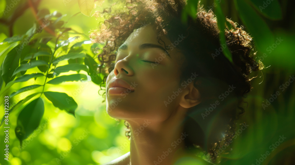 A young woman enjoys nature with her eyes closed, breathing in fresh air in the forest. Relaxed woman walking on a sunny day in the park. Relaxation and nature concept.