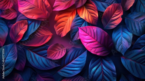 A close up of a bunch of leaves with a blue background. The leaves are pink and purple