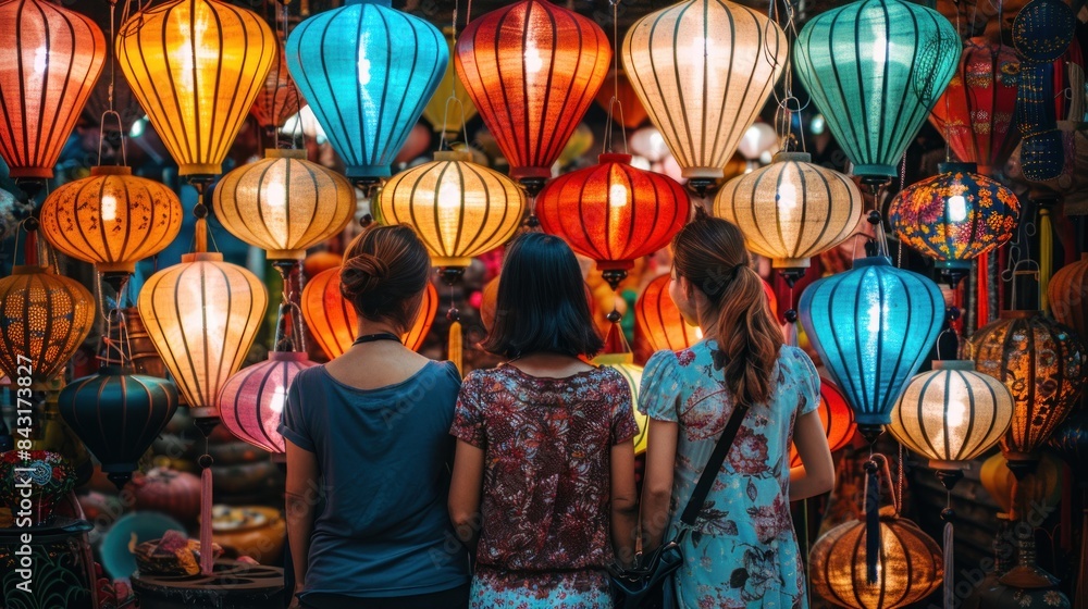 A group of people walking down a street with colorful lanterns hanging overhead. The lanterns are of different colors and sizes, creating a festive atmosphere. The people are carrying handbags
