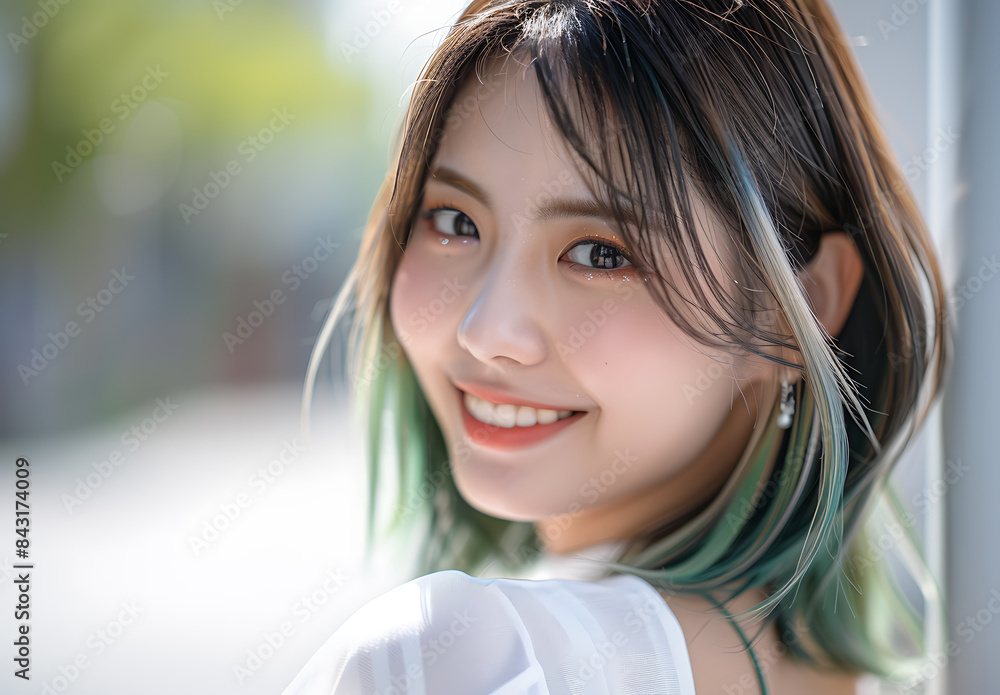 beautiful Japanese girl straight hair smiling looking camera wearing white attire green highlight her shoulderlength hair against clean background She captured upper body shot soft lighting beautiful Japanese girl straight hair smiling looking camera wearing white attire green highlight her shoulderlength hair against clean background She captured upper body shot soft lighting