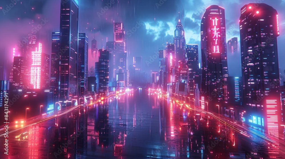 A city skyline with neon lights and a reflection of the city in the water