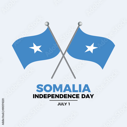 Somalia Independence Day poster vector illustration. Two crossed Somalia flags on a pole icon. Waving Somalian Flag symbol. Template for background, banner, card. July 1 every year. Important day photo