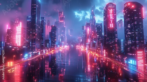 A city skyline with neon lights and a reflection of the city in the water