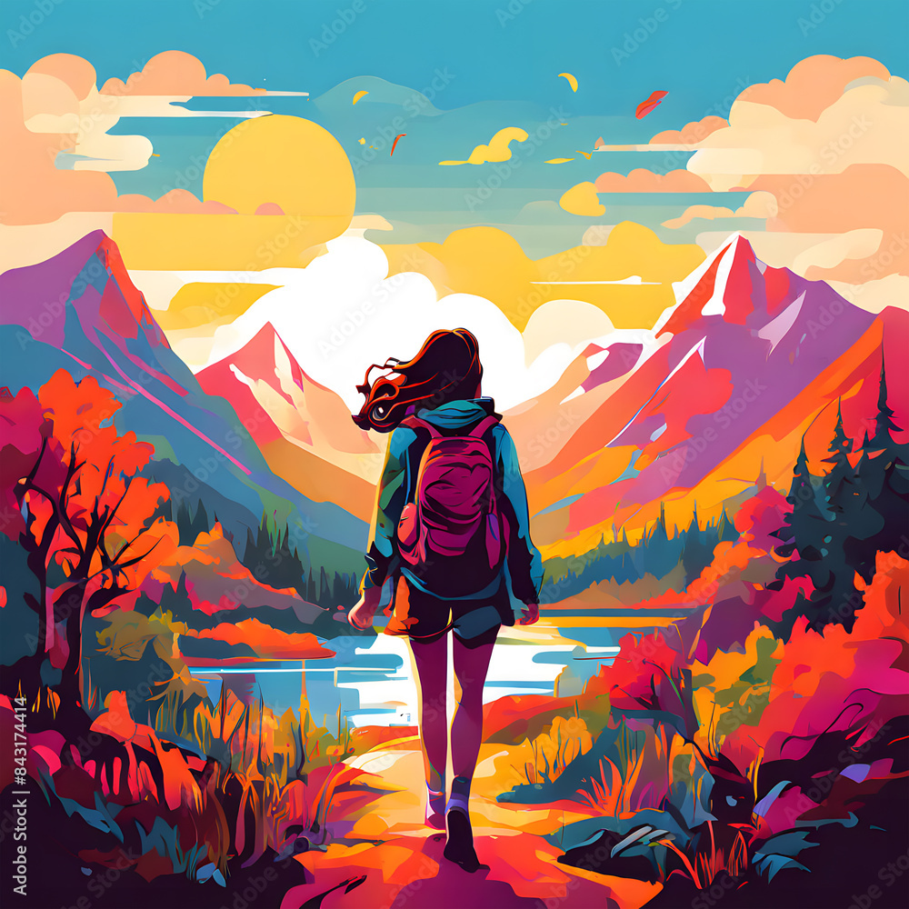 Fototapeta premium a vibrant and lively vector-style illustration of a woman a tourist with a backpack walking