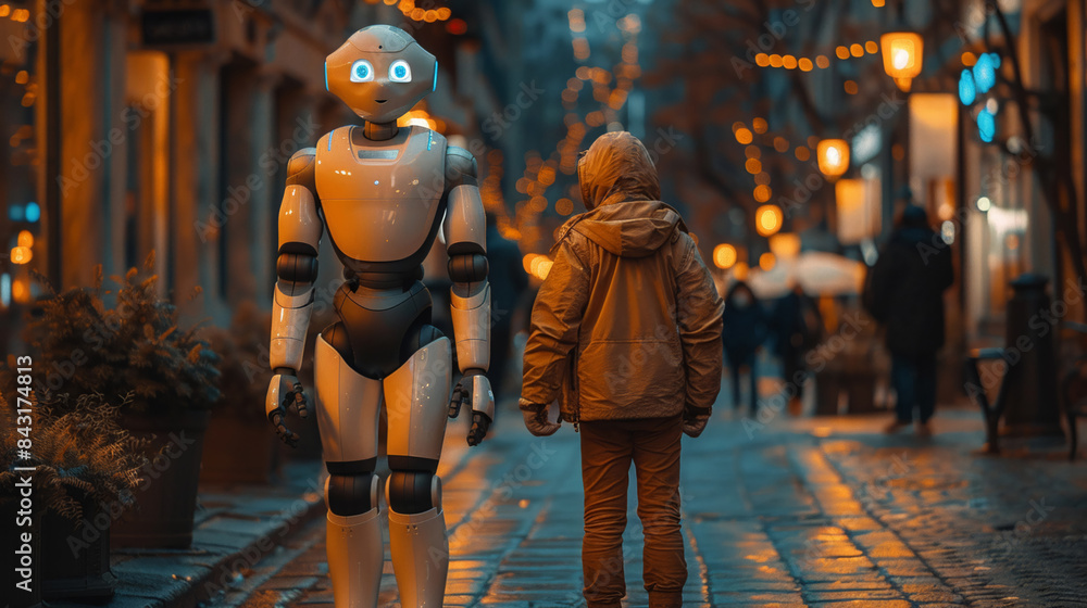 Obraz premium Human and robot together on city street, human-robot interaction concept