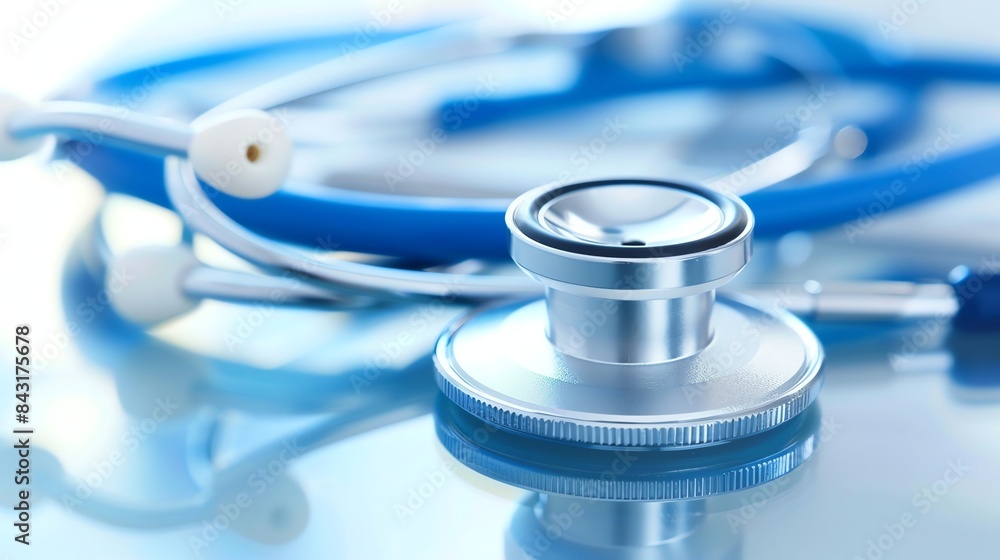 A stethoscope is placed on a reflective surface. The stethoscope is blue and silver. The image is well-lit and in focus. A stethoscope is placed on a reflective surface. The stethoscope is blue and silver. The image is well-lit and in focus.