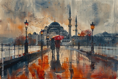 Moody watercolor painting depicting Istanbul, a person with a red umbrella, and architecture photo