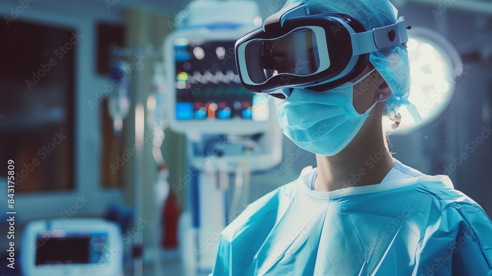 Surgeon wearing a VR headset during an operation. The surgeon is looking at a 3D model of the patient's anatomy. Surgeon wearing a VR headset during an operation. The surgeon is looking at a 3D model of the patient's anatomy.
