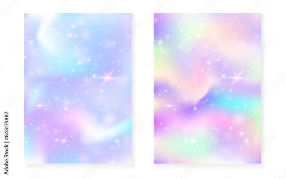 Magic background with princess rainbow gradient. Kawaii unicorn hologram. Holographic fairy set. Vibrant fantasy cover. Magic background with sparkles and stars for cute girl party invitation.