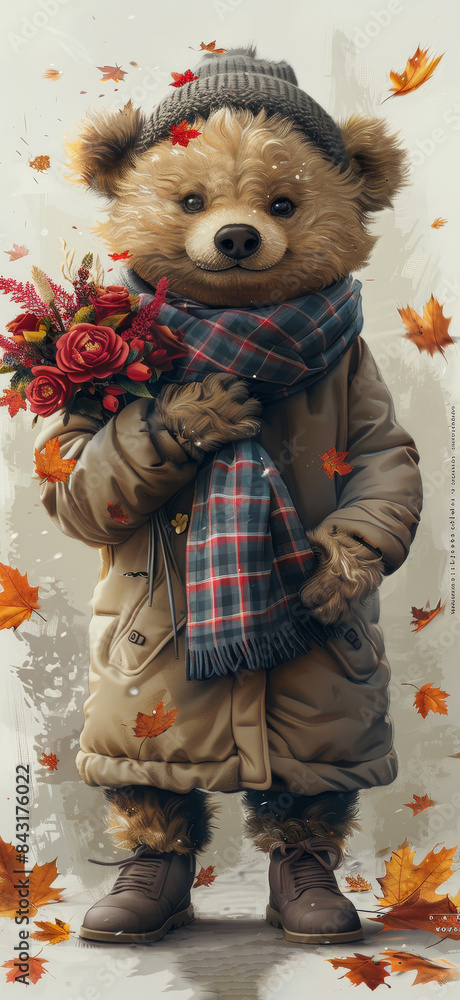 Illustration of a bear character in warm clothes with autumn leaves Illustration of a bear character in warm clothes with autumn leaves