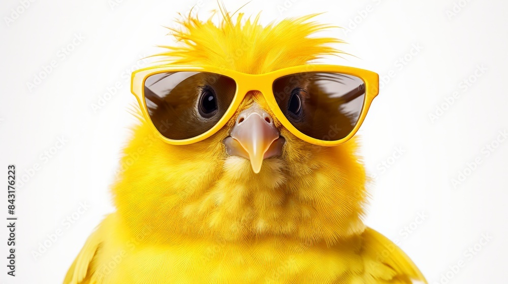 A cute yellow bird wearing stylish sunglasses, posing in front of a white background with a cool and confident expression. A cute yellow bird wearing stylish sunglasses, posing in front of a white background with a cool and confident expression.