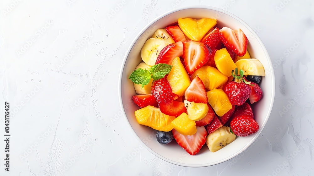 Top view of a bowl of fresh fruit salad with strawberries, blueberries, bananas, and pineapple. The bowl is sitting on a white table. Top view of a bowl of fresh fruit salad with strawberries, blueberries, bananas, and pineapple. The bowl is sitting on a white table.