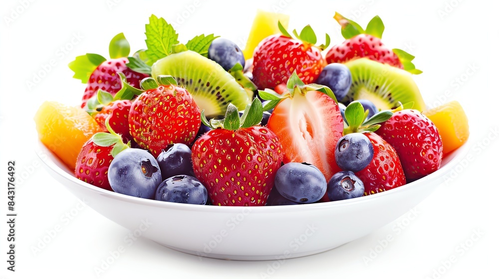 A bowl of fresh and colorful fruits, including strawberries, blueberries, kiwi, and oranges. A bowl of fresh and colorful fruits, including strawberries, blueberries, kiwi, and oranges.