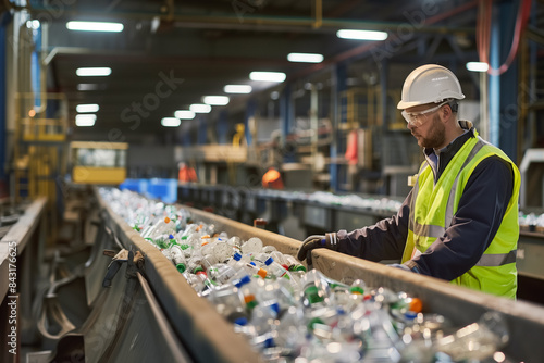 Worker sorting recyclable plastic bottles at a recycling facility. Generative AI