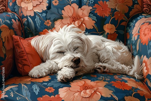 A serene illustration captures a single white dog dozing peacefully on an ornate blue floral armchair photo