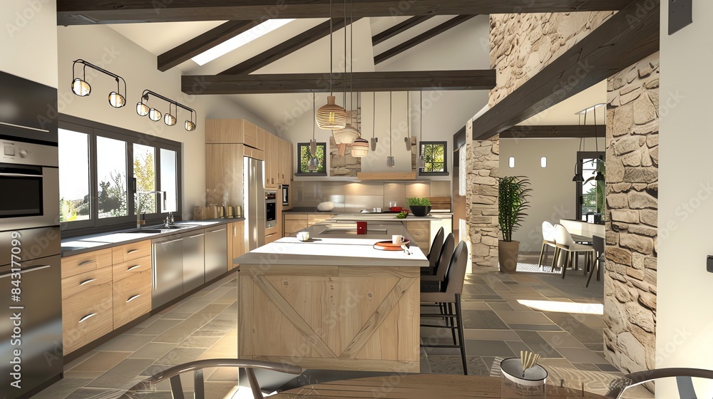 Rustic kitchen with wood beams and stone walls. The kitchen is equipped ...