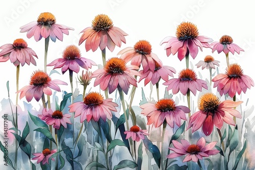 Fototapeta Naklejka Na Ścianę i Meble -  A vibrant watercolor painting of echinacea flowers with visible brush strokes and a white background