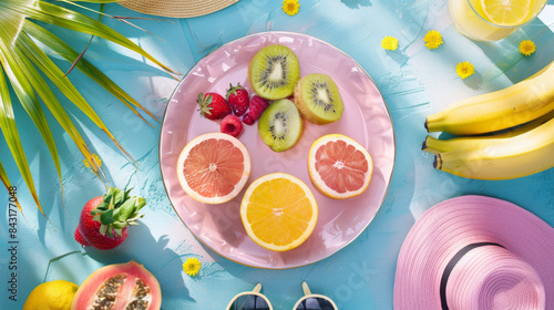 Wallpaper Mural A top-down view presents a fresh fruit plate alongside a collection of summer fashion beach accessories, embodying the tropical beach lifestyle Torontodigital.ca