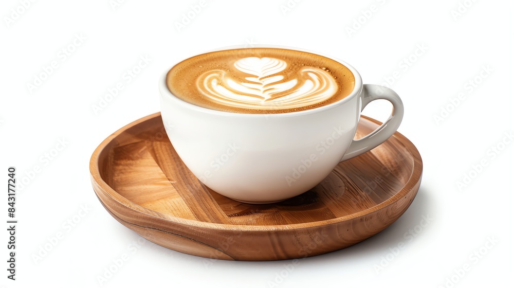 Cappuccino in a white cup on a wooden saucer. The coffee is topped with a beautiful foam design. The cup is sitting on a white background. Cappuccino in a white cup on a wooden saucer. The coffee is topped with a beautiful foam design. The cup is sitting on a white background.