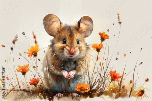 This vivid watercolor image captures a heartwarming mouse with flowers photo