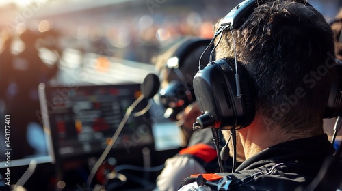 A cropped shot of a man wearing headphones and looking at a screen. He is wearing a black jacket and has a headset on.