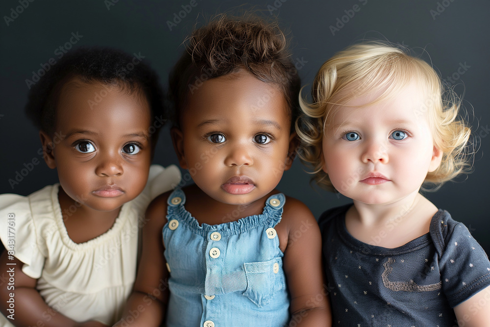 Three young girls are sitting together, one wearing a white shirt Three young girls are sitting together, one wearing a white shirt