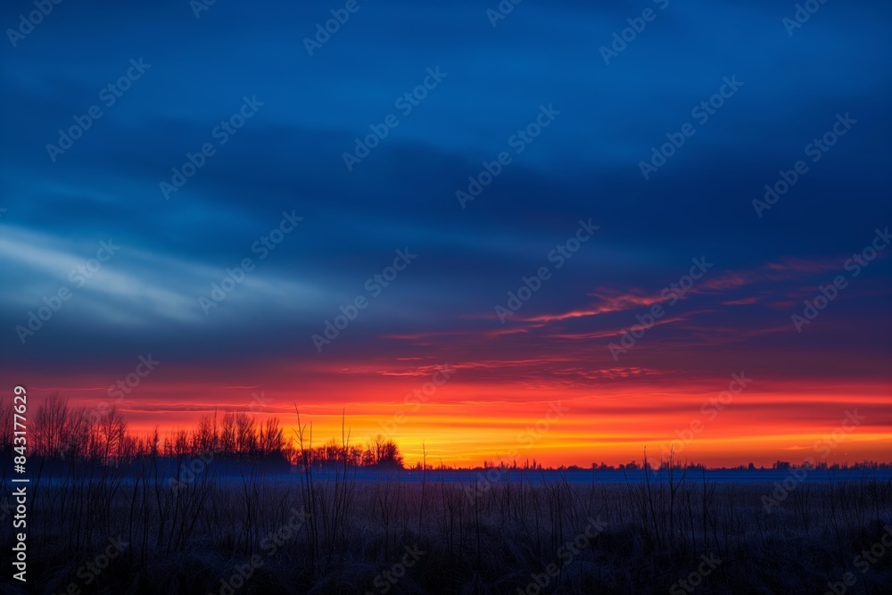 Breathtaking sunset landscape with dramatic orange and blue skies over silhouetted trees and fields Breathtaking sunset landscape with dramatic orange and blue skies over silhouetted trees and fields