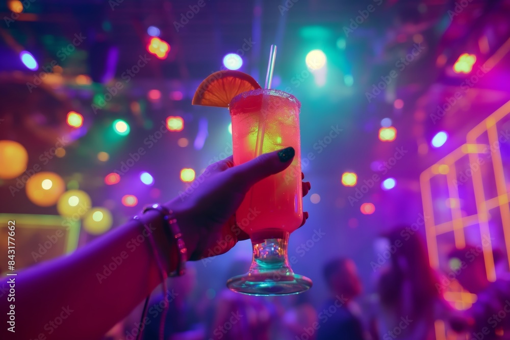 A vivid image showcasing a hand holding a tall glass cocktail with a garnish, amidst a colorful party background A vivid image showcasing a hand holding a tall glass cocktail with a garnish, amidst a colorful party background