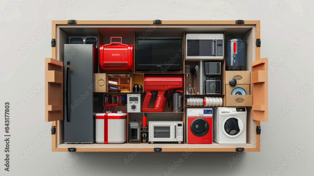 The concept of gifting home appliances with various items neatly arranged inside a gift box The concept of gifting home appliances with various items neatly arranged inside a gift box