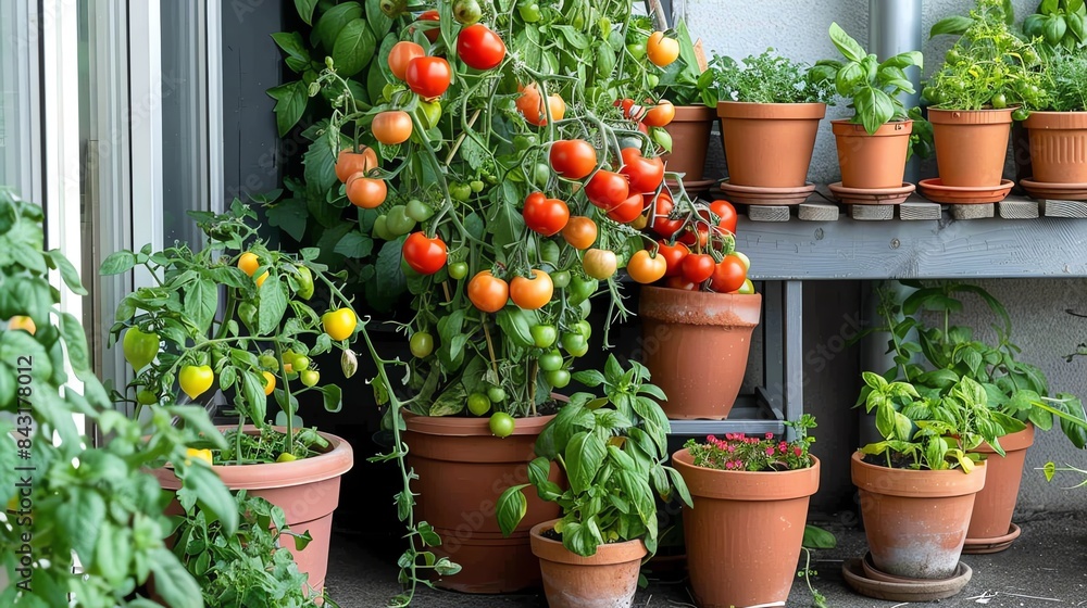 A lush rooftop garden with a variety of tomato plants, basil, and other herbs in pots and containers. A lush rooftop garden with a variety of tomato plants, basil, and other herbs in pots and containers.