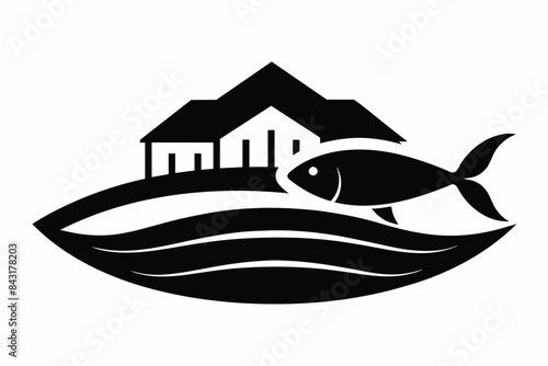  A minimalist Fish Farms vector art illustration with a Fish Farms logo, featuring a modern stylish shape with an underline vector illustration 