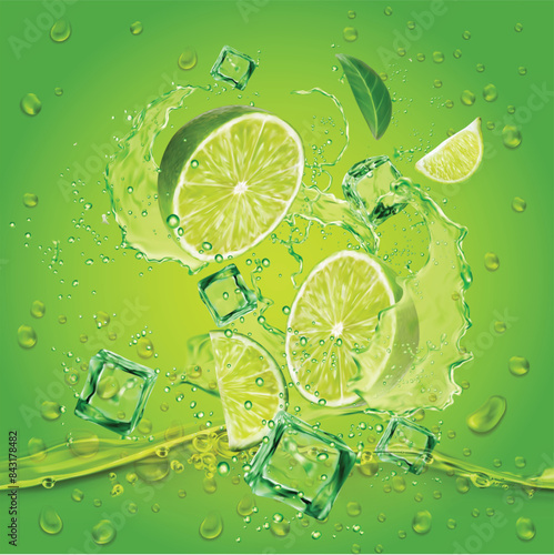 Flying Green Fresh juicy Lime, cutting slices with green splash