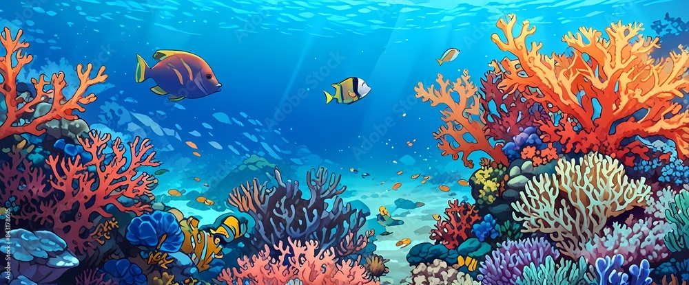 Fototapeta premium Title: 3d illustration of underwater sea colorful tropical fish in the coral reef.