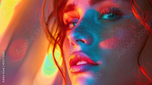 Colorful Neon Glow Portrait of a Young Woman in Vibrant Lights