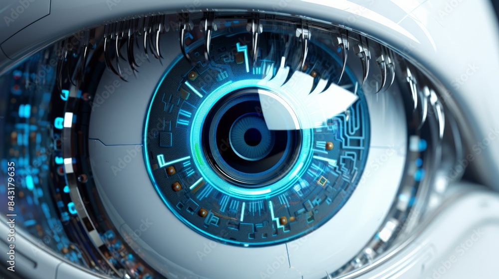 Close-up of a futuristic, robotic eye with intricate details and blue lighting, representing advanced technology and artificial intelligence. Close-up of a futuristic, robotic eye with intricate details and blue lighting, representing advanced technology and artificial intelligence.
