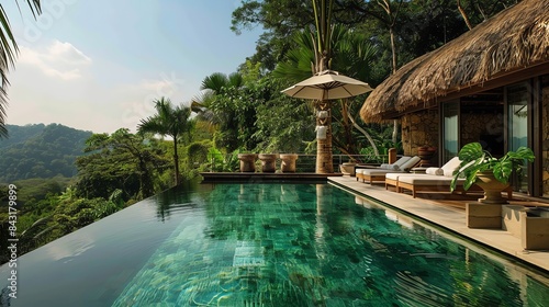 Amazing view of the jungle from the infinity pool of a luxury hotel.