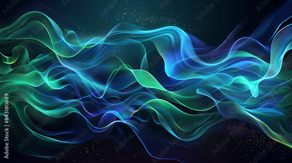 an abstract design with flowing lines and waves in shades of blue and green against a dark background. The overall effect creates a sense of motion and fluidity an abstract design with flowing lines and waves in shades of blue and green against a dark background. The overall effect creates a sense of motion and fluidity