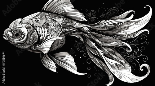 An intricate black silhouette of a goldfish adorns the Ethnic Indian Symbol Mandala combining elements of elegance and cultural richness in a striking black and white design