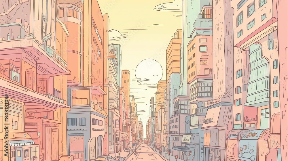 Obraz premium A cute doodle of a futuristic cityscape, with a pastel color palette, high-tech skyscrapers and flying cars, a bustling city center with advanced technology, energetic and futuristic vibes, Photograph