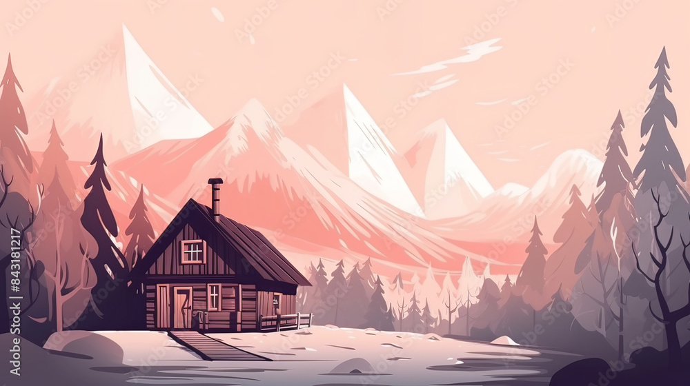 A simple doodle of a cozy cabin in the mountains, in the style of cute ...