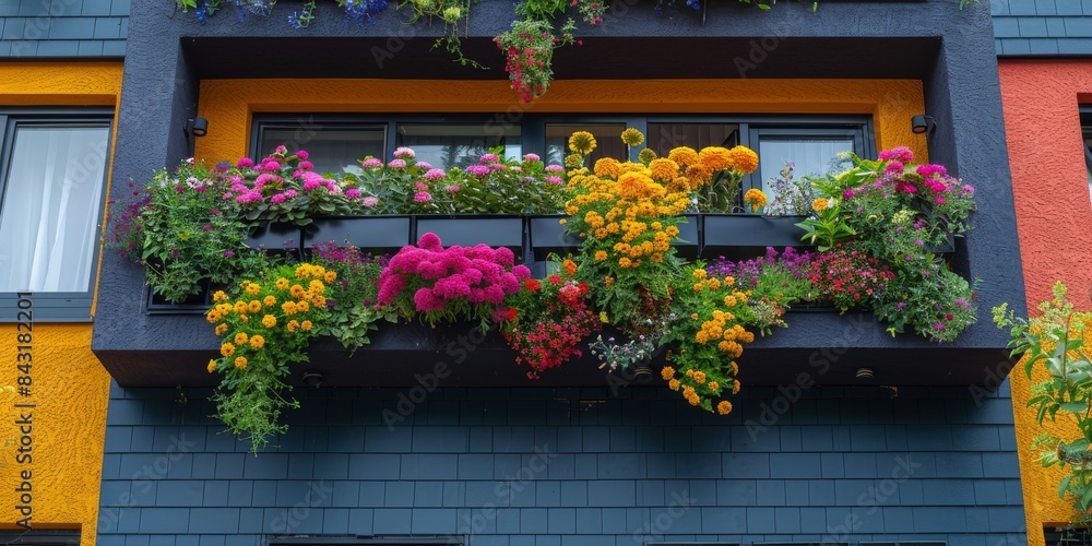 Fototapeta premium A building with a balcony full of colorful flowers
